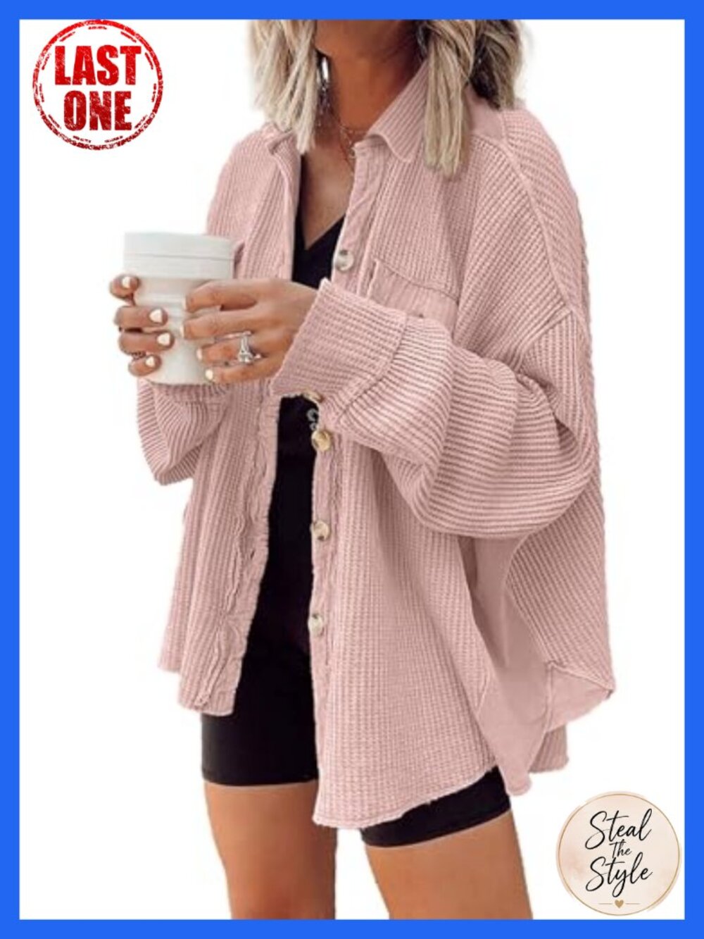 Waffle Knit Shacket Oversized Button Down Shirt Jacket